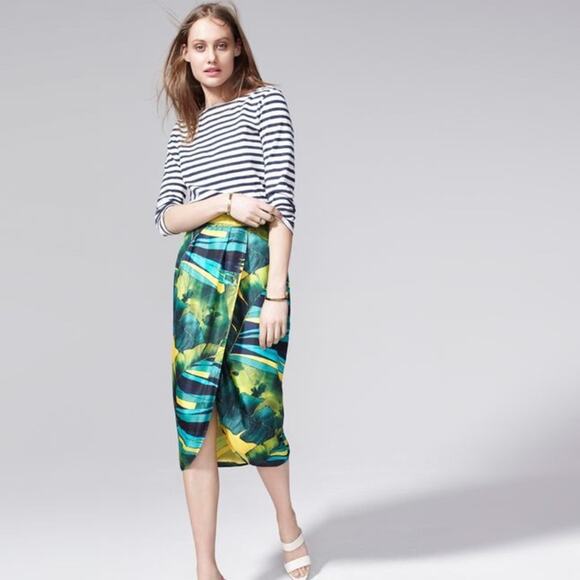 J. Crew Collection 100% Silk Jungle Print Silk Tulip Skirt Green Yellow Size 0 - Picture 1 of 10